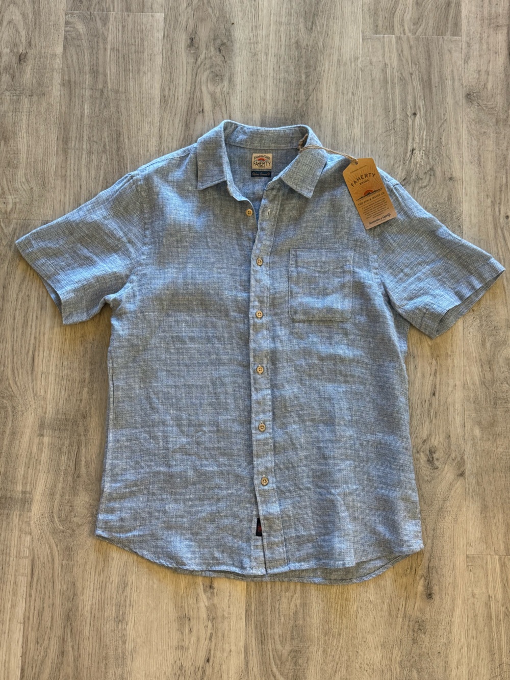 NWT Faherty Mens SS Palma Linen Short Sleeve Shirt Blue Basket Weave Size Medium - Picture 3 of 11